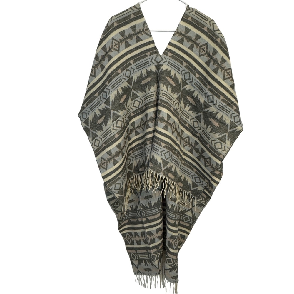 Free People Be the One Aztec Poncho Sweater Small Grey Oversize Hippie Boho